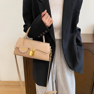 Chic beige crossbody square bag with gold buckle and fashion charm for women