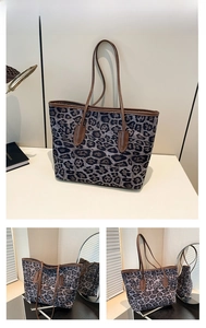 Detail of leopard print tote bag featuring brown leather straps and spacious interior