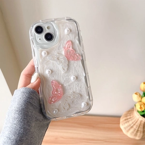 Pearly marble iPhone case with 3D hollow butterflies and elegant white pearls decoration