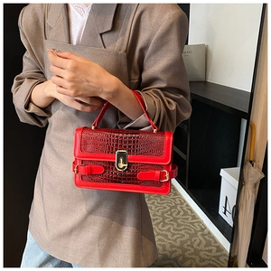 Close-up of red crocodile pattern leather texture and golden clasp on small square bag