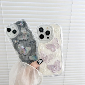 Silver-grey wavy phone case for iPhone with 3D colorful butterflies and rose accents