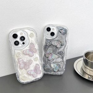 Chic wavy edge iPhone case with 3D iridescent butterfly ornaments in white and smoke grey