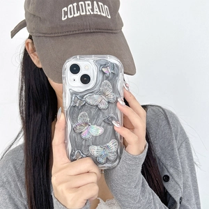 Silver-grey iPhone case with 3D colorful laser butterflies and fluid art pattern