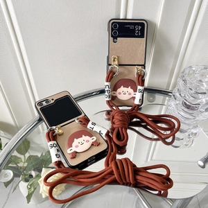 Cute girl flip phone case with crossbody strap for Samsung Galaxy Z Flip 6 in beige