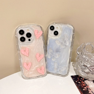 Coques 3D cœur rose et papillon bleu pour iPhone 17 Pro Max avec texture ondulée