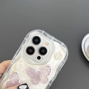 Detail of 3D lavender butterfly and white roses on pearlescent iPhone Pro case