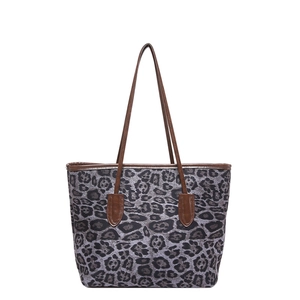 Vintage leopard print tote bag with large capacity and brown leather shoulder straps