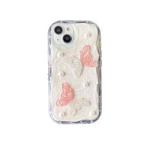 iPhone case featuring 3D pink bows and white pearls on cream texture background