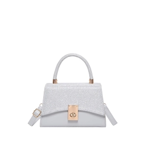 Piccola borsa a mano da donna con patta glitterata argento e design patchwork grigio