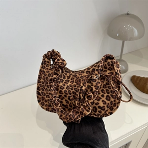 Fashionable leopard print pleated underarm bag with half-moon shape and shoulder strap