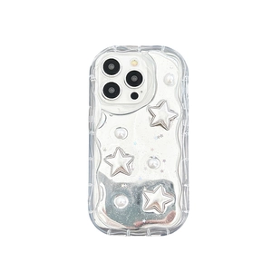 Custodia a specchio argento per iPhone 17 Pro con stelle, perle e design a onde laterali