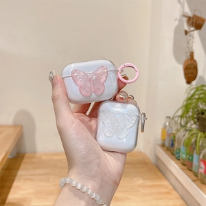 Transparent Soft TPU Wireless Earphone Case Protective Cover With 3D Acrylic Butterfly And Metal Carabiner Aesthetic Cute For Women