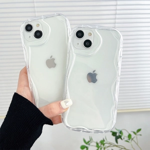 Clear wave-shaped silicone phone case with precise camera cutouts for iPhone 13 series