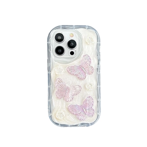 Pearlescent white iPhone case with 3D purple butterflies and embossed floral patterns