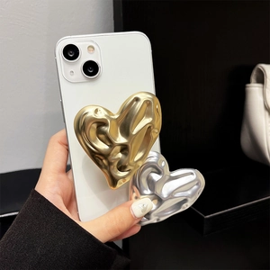 Support de téléphone cœur 3D en métal doré et argenté avec texture liquide