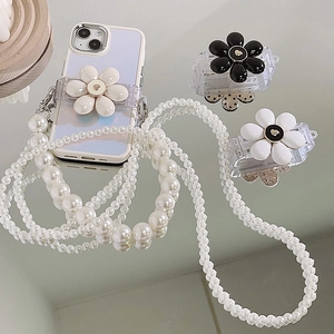 Plastic Metal Artificial Pearl Phone Case Back Clip Detachable Crossbody Chain Flower Heart Decor Elegant Accessory