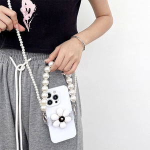 Metallic flower iPhone case with pearl crossbody chain and handheld strap for women