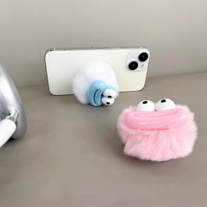 Plush funny big mouth phone socket stand in pink and white furry cartoon style