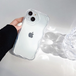 Detailed close-up of a clear wave-edge silicone case for iPhone with reinforced camera lens protection