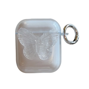 Clear AirPods case featuring a 3D butterfly design and silver metal carabiner keychain