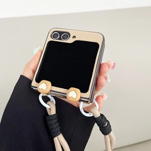 Crossbody phone case for Galaxy Z Flip series with heart decor and braided lanyard strap