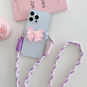 Adjustable bowknot crossbody phone strap with colorful braided cord and pink ribbon