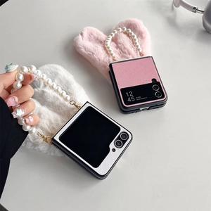 Coque de téléphone oreilles de lapin en peluche pour Samsung Z Flip5 avec chaîne perle