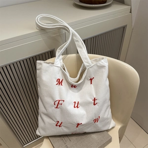 Corduroy Tote Bag For Women Letter Embroidery Large Capacity Shoulder Handbag Casual Retro Travel Bag Zip Closure