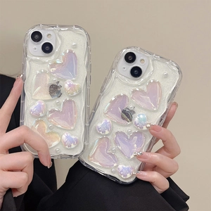 Chic laser heart iPhone case with wave edges, glitter finish and pearl accents