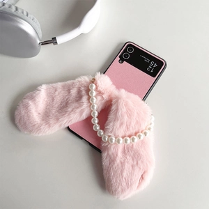 Coque oreilles de lapin rose pour Z Flip avec bracelet décoratif en perles