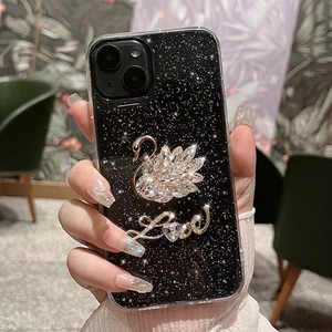 Coque iPhone à paillettes avec un cygne en cristal étincelant et motif Love