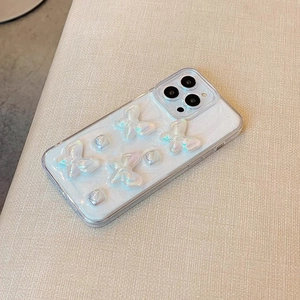 3D butterfly and pearl phone case for iPhone with iridescent glitter and cream finish