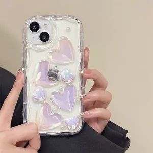 Glittering holographic heart phone case with wave edge for iPhone series stylish cover