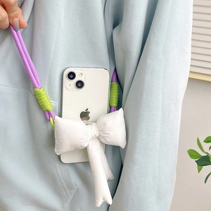 Adjustable crossbody phone strap with colorful braided rope and 3D bow attachment