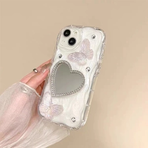White wavy phone case with heart mirror, purple butterflies and rhinestones for iPhone