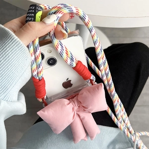 Pink bow phone case with colorful adjustable crossbody strap for iPhone models