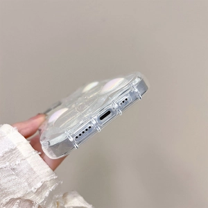 Detail shot of iPhone laser heart case showing precision cutouts for the charging port