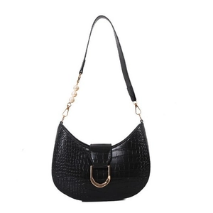 Retro black faux crocodile leather underarm bag with gold U-lock and pearl shoulder strap