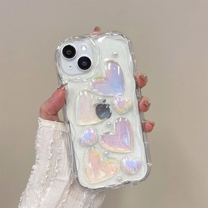 Detail of glitter iPhone case with 3D laser hearts, pearls and wavy edges