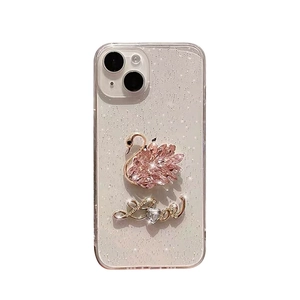 Coque iPhone à paillettes avec cygne en cristal rose et design Love avec strass dorés