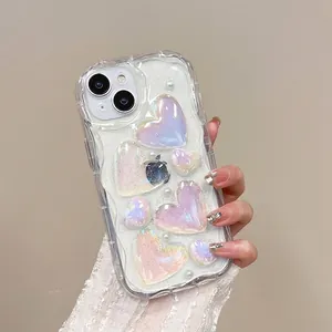 Glitter laser heart wave edge phone case with 3D pearls and iridescent finish for iPhone