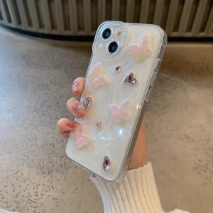 Pink 3D butterfly and rhinestone heart phone case for iPhone with lens protection cover