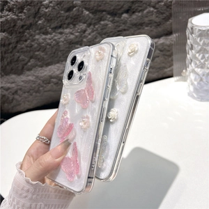 Glitter hoesje voor iPhone 14 Pro Max met 3D hars vlinders en kleine bloemdecoraties