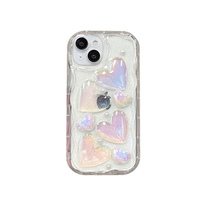 Sparkly holographic 3D heart phone case with wavy edges for iPhone, clear TPU design