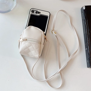 Quilted white mini crossbody phone case bag with gold zipper for Samsung Z Flip 5