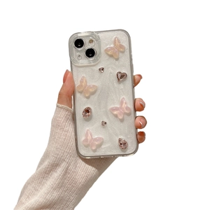 Pink rhinestone heart and butterfly phone case for iPhone series with glitter finish