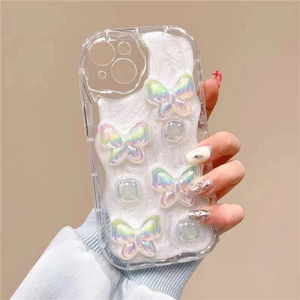 Wave texture iPhone case with 3D iridescent butterflies and full camera lens protection