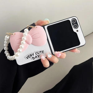 Detail of pink bow and pearl strap on white leather case for Samsung Z Flip series