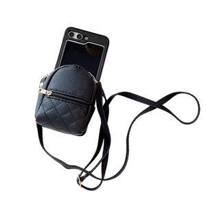 Black quilted backpack style phone case for Samsung Z Flip 5 with crossbody strap