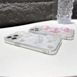 Detail van glitter iPhone-hoesjes met 3D-bloemen en vlinderpatronen in reliëf